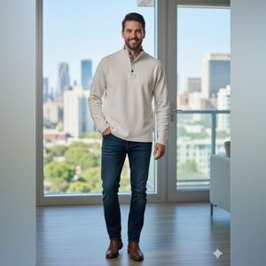 Hugo Boss Men's Cream and Gray Quarter Snap Sweater